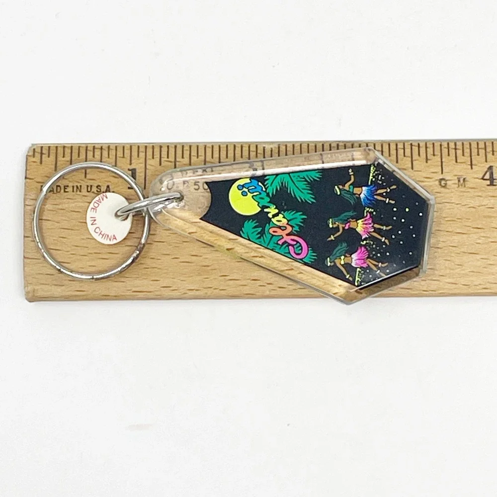 Vintage 80s Hawaii Keychain Black Neon Aloha Hula Dancers Retro Souvenir Plastic